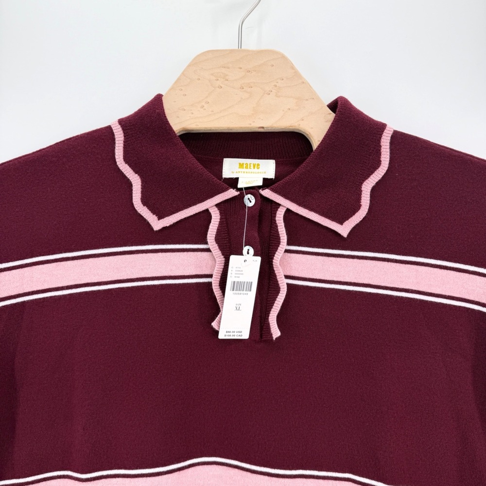 Maeve Anthropologie Knit Polo Women XL Wine Pink Scalloped Stripe Ruffle Sweater - Picture 4 of 12
